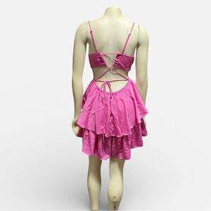 The Vintage Shop Romper Dress Lace Up Back Mini Tiered Layers Hot Pink Shorts M